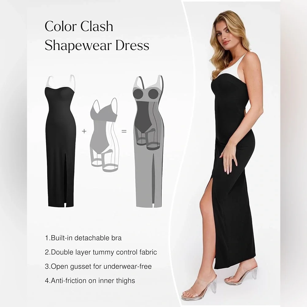 Popilush Shapewear Contrast Trim Built-In Sculpting Maxi Dress Size Large - Picture 2 of 12